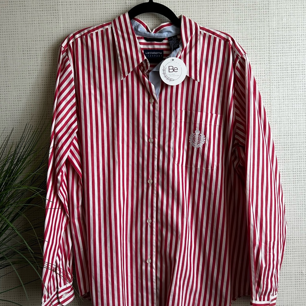 Liz Claiborne Red and White Striped Women's Button Down Shirt